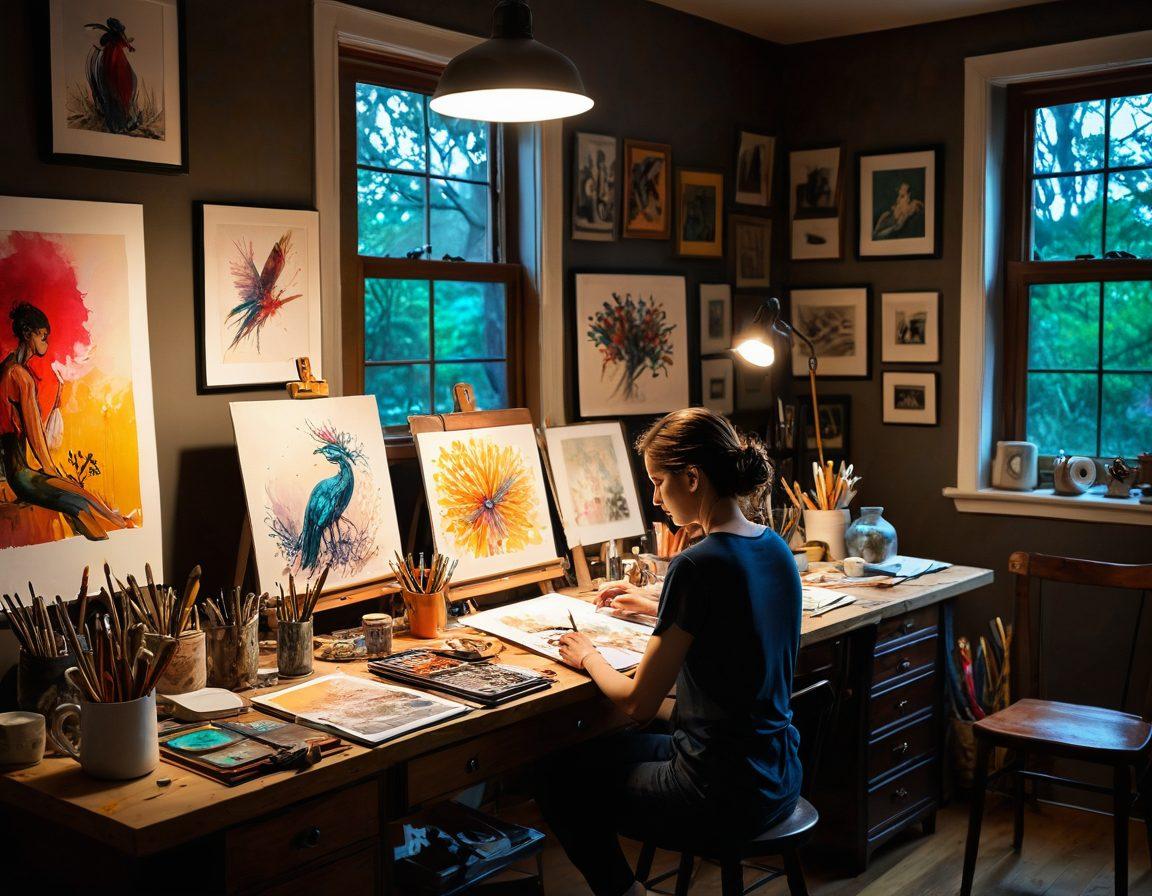 A whimsical scene depicting an artist in a dimly lit studio, surrounded by colorful sketches and canvases featuring sensual characters. Soft lighting highlights the details of their expressive artwork, while hints of mature themes subtly weave through the atmosphere. The artist, mid-creation, embodies passion and creativity, evoking a sense of exploration in artistry. Include elements of both traditional and digital art techniques in the background. vibrant colors. painting.