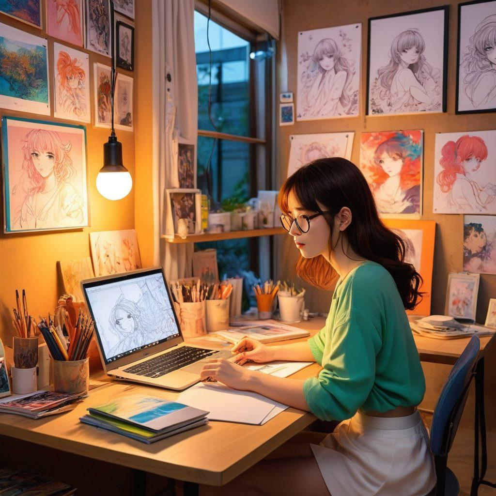 An intricate scene depicting a colorful manga artist's workshop filled with vibrant art supplies, sketches of diverse sensual characters on the walls, and an open laptop showcasing anime frames. A soft glow illuminates the space, capturing the essence of creativity and exploration in the world of Hentai. The atmosphere conveys a blend of artistry and intimacy, inviting the viewer into this unique realm. vibrant colors. super-realistic.
