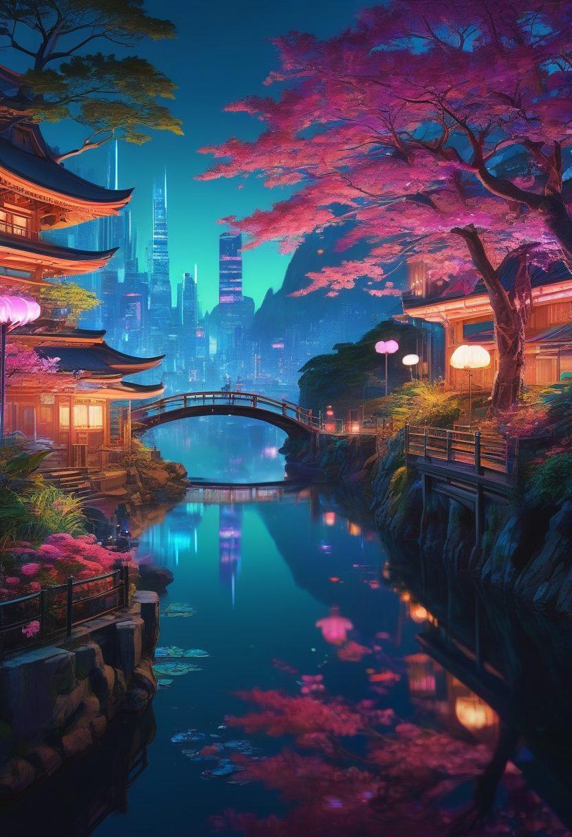 A surreal fusion of Japanese anime characters with artistic interpretations of adult entertainment, set in a dreamlike landscape filled with vibrant neon colors. Elements of fantasy and eroticism entwined, showcasing playful interactions in a whimsical atmosphere. The scene captures imagination and allure while maintaining an artistic elegance. cyberpunk. vibrant colors. super-realistic.